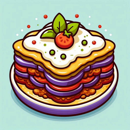 Colorful vector illustration of a stack of layered layered pancakes with fruits and vegetablesのイラスト素材
