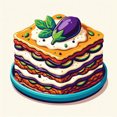 Illustration of a layered lasagna with eggplant and tomato sauceのイラスト素材