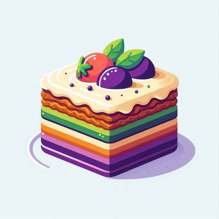 Rainbow cake with berries. Vector illustration in flat cartoon style.のイラスト素材