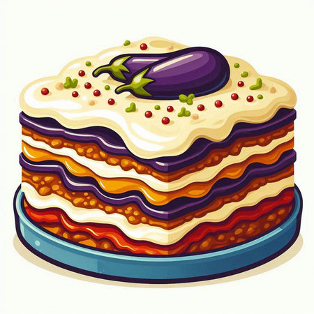Illustration of a layered eggplant lasagna on a white backgroundのイラスト素材