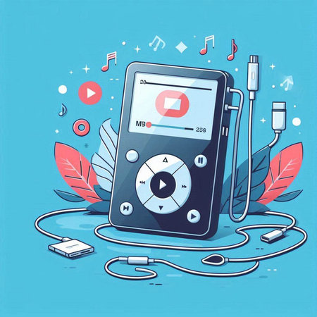 Music player with headphones and notes on blue background, vector illustration.のイラスト素材