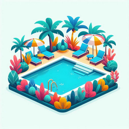 Swimming pool with palm trees and umbrellas. Vector illustrationのイラスト素材