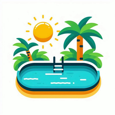 Pool flat vector illustration. Swimming pool with palm trees and sun.のイラスト素材