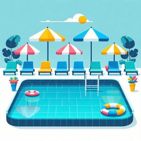 Swimming pool with umbrellas and sunbeds vector illustrationのイラスト素材