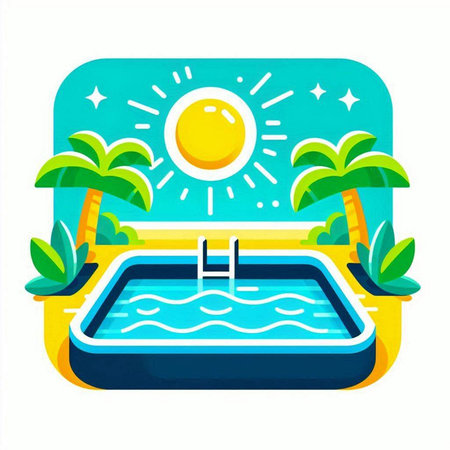 Swimming pool with sun and palm trees. Vector illustration in flat styleのイラスト素材