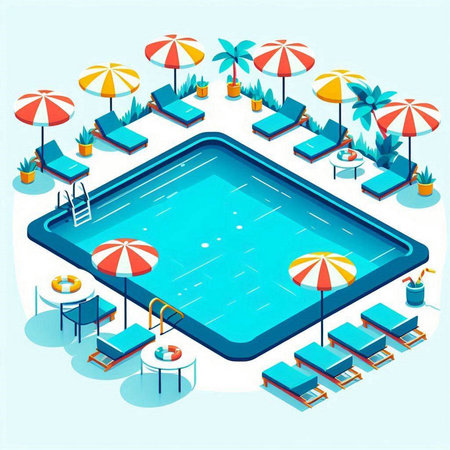 Isometric swimming pool with umbrellas and chairs. Vector illustrationのイラスト素材