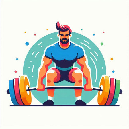 Fitness man lifting barbell. Vector illustration in cartoon style.のイラスト素材