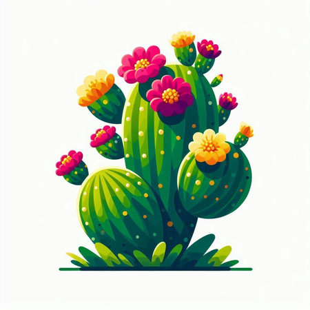 Cactus with flowers on a white background. Vector cartoon illustration.のイラスト素材