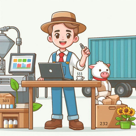 Farmer with a piggy bank and a laptop. Vector illustration.のイラスト素材