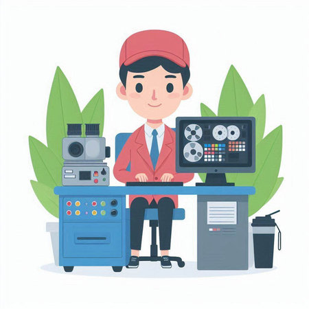 Engineer working at the computer. Vector illustration in a flat style.のイラスト素材