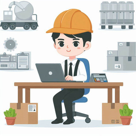 Illustration of a man working on a laptop in a warehouse.のイラスト素材