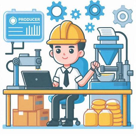 Illustration of a Man Working on a Laptop with Production Machineryのイラスト素材