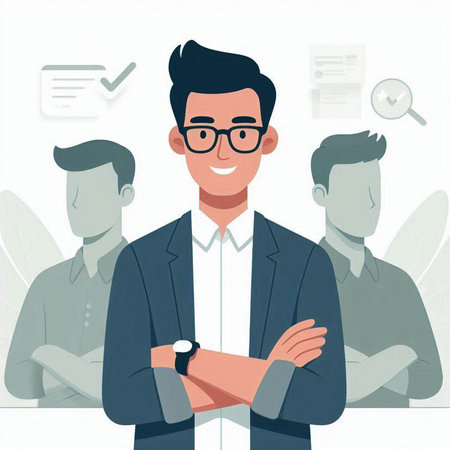 Businessman standing in front of his colleagues. Vector illustration in flat style.のイラスト素材