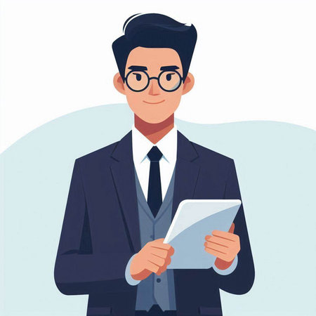 Businessman with tablet. Vector illustration in flat style. Businessman in a suit.のイラスト素材