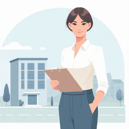 Businesswoman holding clipboard and standing in front of office building. Vector illustration.のイラスト素材