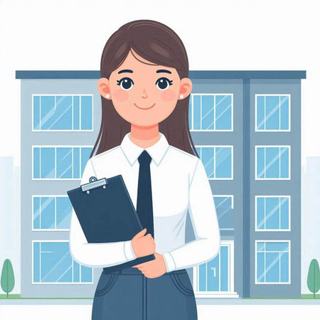 Young businesswoman standing in front of office building. Vector illustration.のイラスト素材