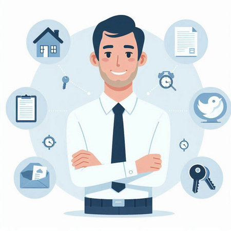 Real estate agent. Vector illustration in flat style. Businessman with crossed arms.のイラスト素材