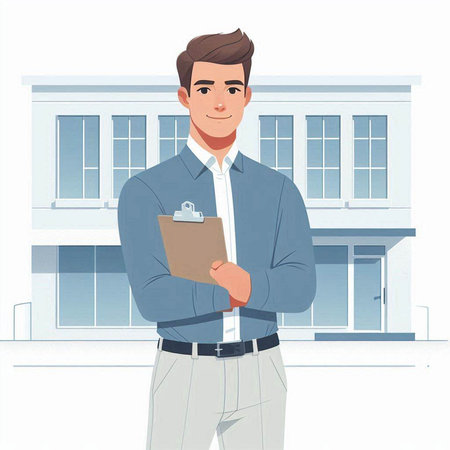 Real estate agent standing with clipboard in front of house. Vector illustration.のイラスト素材
