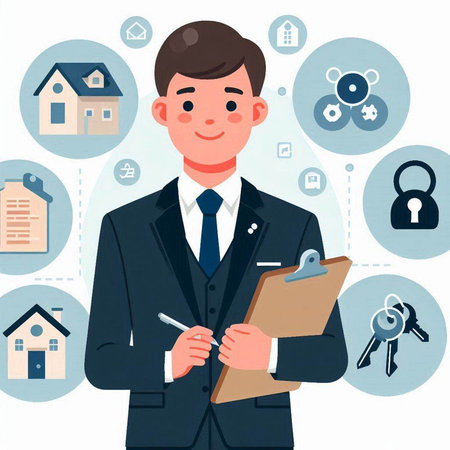 Real estate agent. Young man with clipboard and house icons. Vector illustrationのイラスト素材