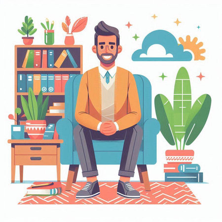 Businessman sitting on the floor in the office. Vector illustration.のイラスト素材