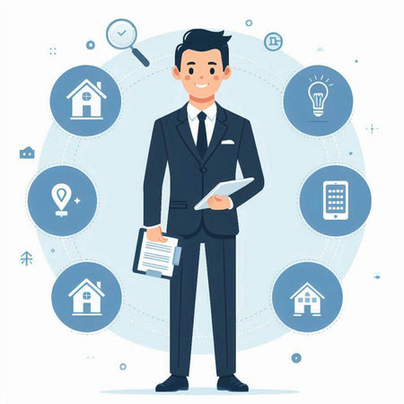 Real estate agent. Businessman in a suit with documents. Vector illustrationのイラスト素材