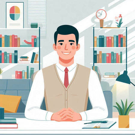 Young businessman sitting at desk in office. Vector illustration in flat styleのイラスト素材