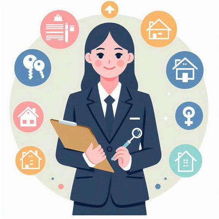 Real estate agent woman with house and key icons. Vector illustration.のイラスト素材