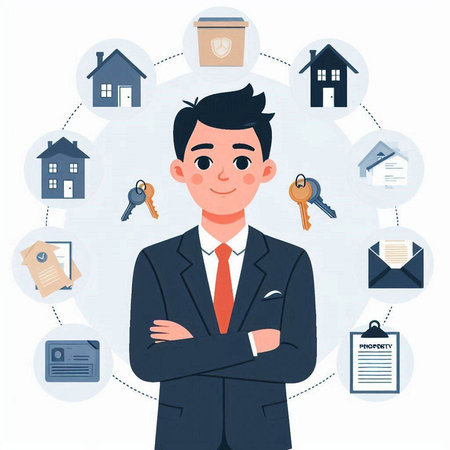 Real estate agent. Man with house and keys. Vector illustration.のイラスト素材