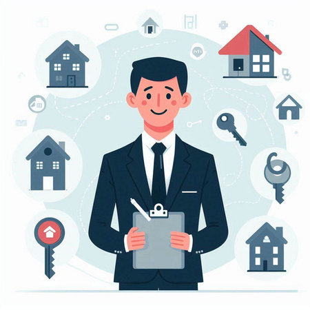 Real estate agent. Young man in a suit holding a clipboard. Flat vector illustration.のイラスト素材