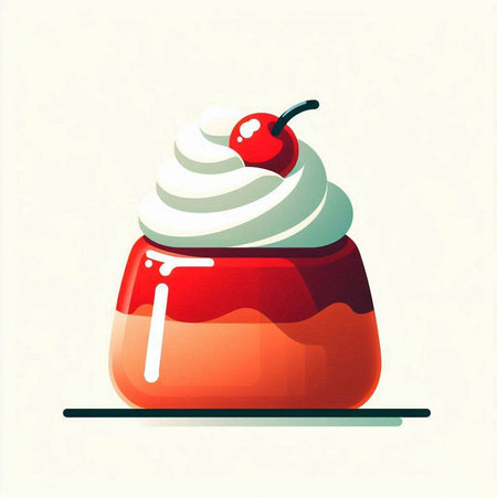 Pudding with cream and cherry. Vector illustration in flat style.のイラスト素材