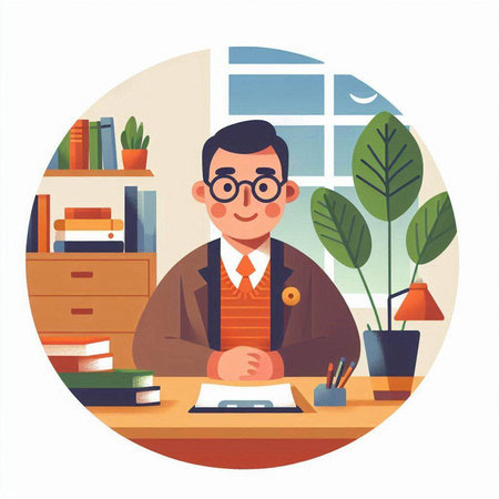 Male teacher sitting at desk in classroom. Vector illustration in flat styleのイラスト素材