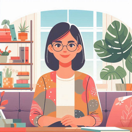 Young woman working at home office. Vector illustration in flat style.のイラスト素材