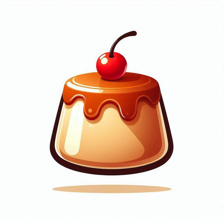 Illustration of a caramel pudding with cherry on a white background.のイラスト素材