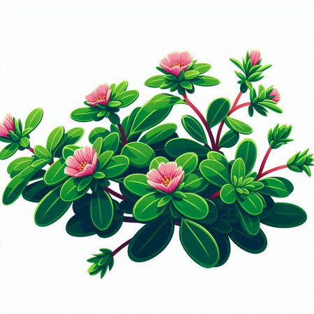 Illustration of a green plant with pink flowers on a white backgroundのイラスト素材