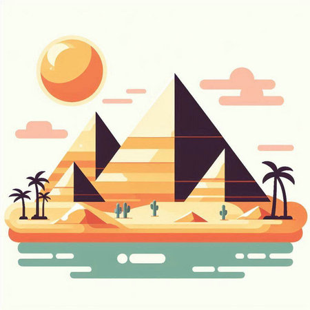 Egyptian pyramids on the beach. Vector illustration in flat styleのイラスト素材