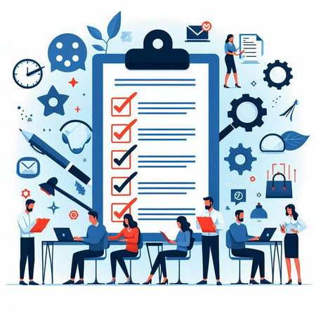 Clipboard with checklist and business people working in office vector illustrationのイラスト素材