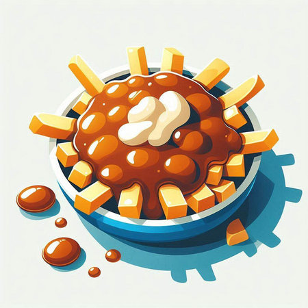 Illustration of a bowl of french fries with chocolate and caramel on topのイラスト素材