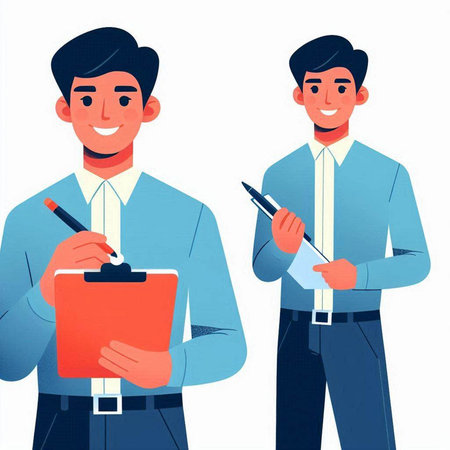 Two young businessmen writing in notepad. Vector illustration in cartoon styleのイラスト素材