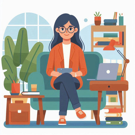 Young woman sitting in armchair and working on laptop at home. Vector illustration in flat styleのイラスト素材