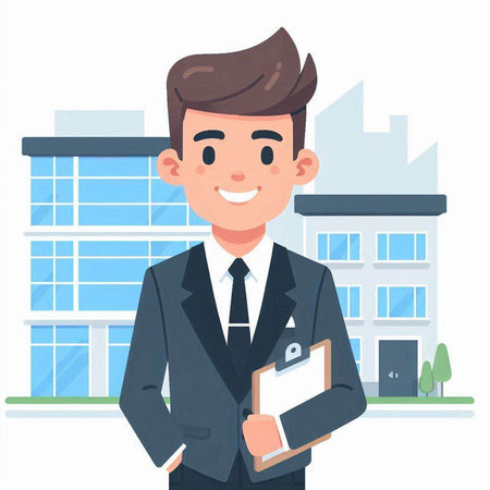 Businessman holding clipboard and pen. Vector illustration in cartoon style.のイラスト素材