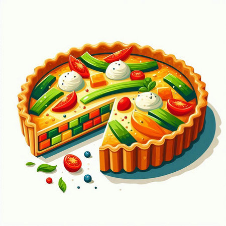 Illustration of a pie with tomatoes and cucumbers on a white backgroundのイラスト素材