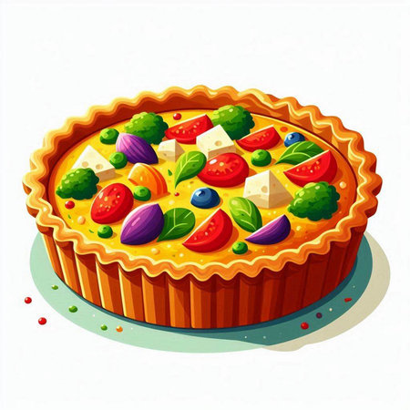 Illustration of a pie with cheese and vegetables on a white backgroundのイラスト素材