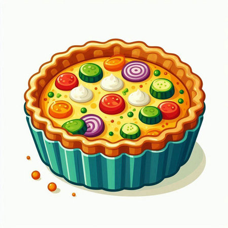 Illustration of a pie with vegetables and cheese on a white backgroundのイラスト素材