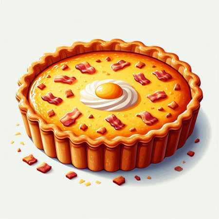 Illustration of a pie with eggs and bacon on a white backgroundのイラスト素材