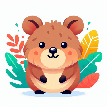 Cute cartoon bear with leaves. Vector illustration on white background.のイラスト素材