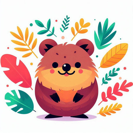 Cute cartoon bear with leaves. Vector illustration on white background.のイラスト素材
