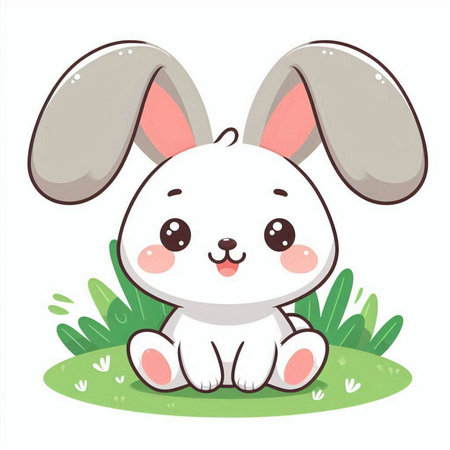 Cute little white rabbit sitting on the grass. Vector illustration.のイラスト素材