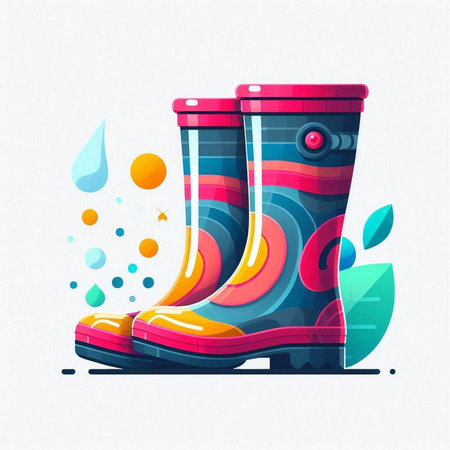 Colorful rubber boots on a background of water drops. Vector illustrationのイラスト素材