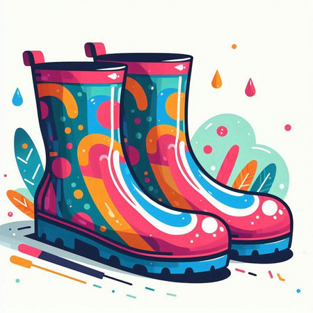 Vector illustration of rubber boots with colorful pattern on a white background.のイラスト素材
