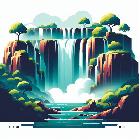 Waterfall in the forest. Vector illustration of a beautiful landscape.のイラスト素材